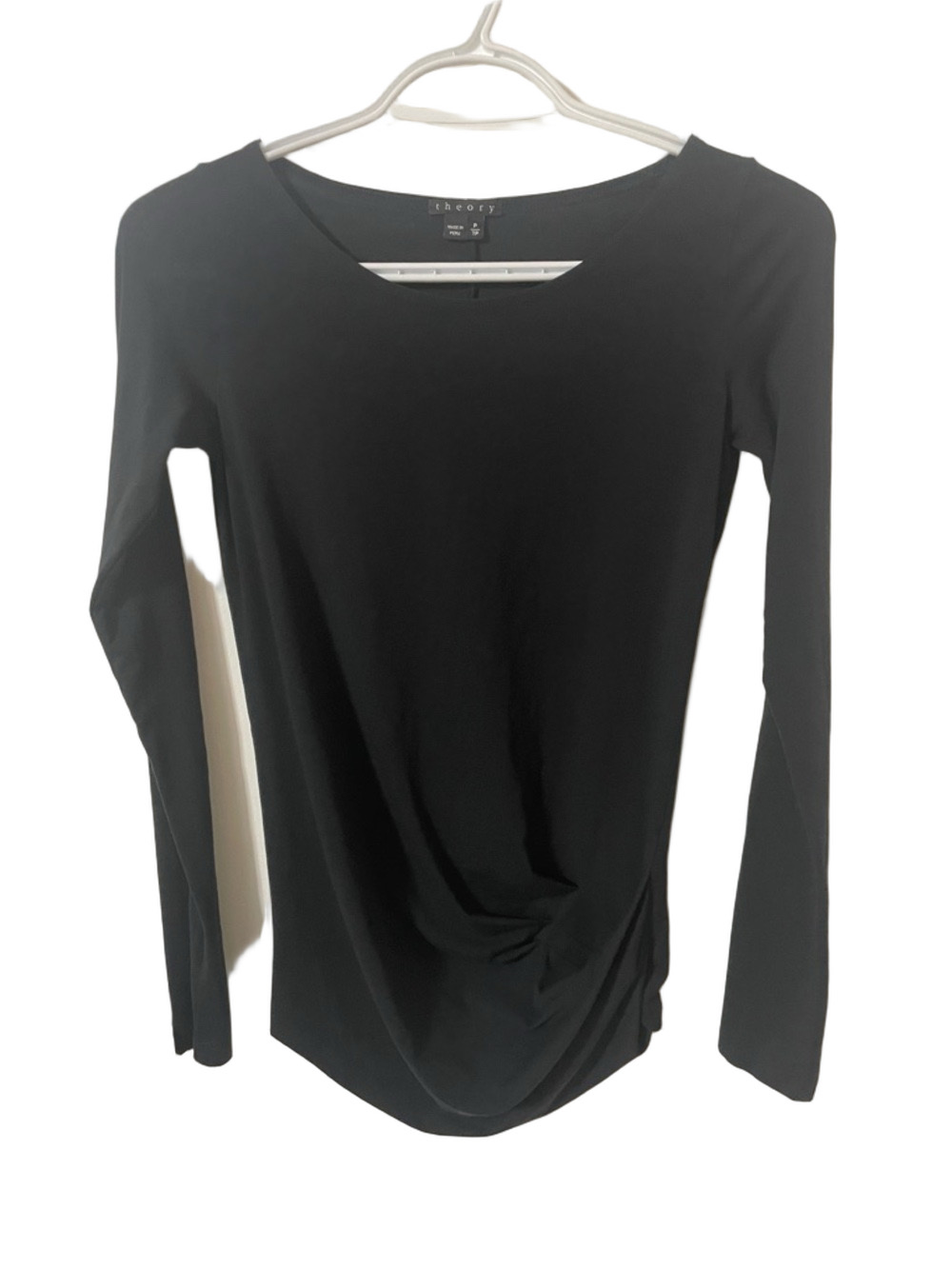 Theory Black Long Sleeve Ruched Top Size Small